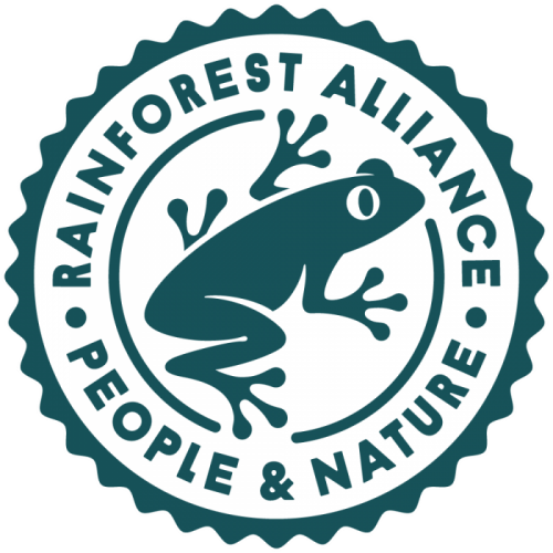 Os produtos certificados pela Rainforest Alliance são identificados com nosso selo da rã